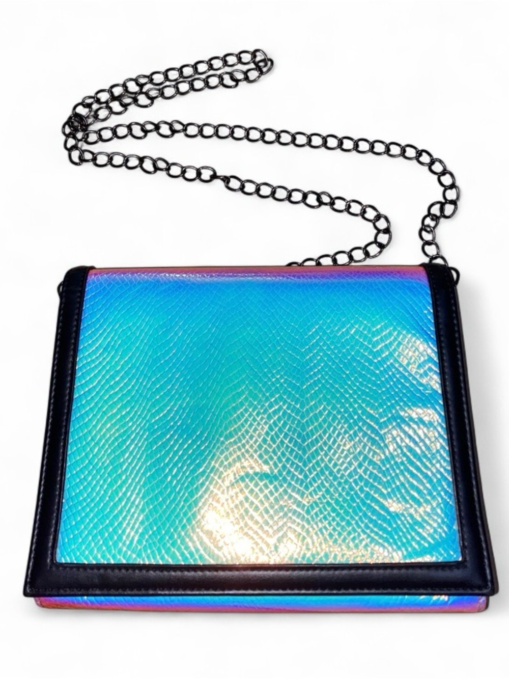 Iridescent Blue Snakeskin Print Crossbody Bag with Chain Shoulder Strap